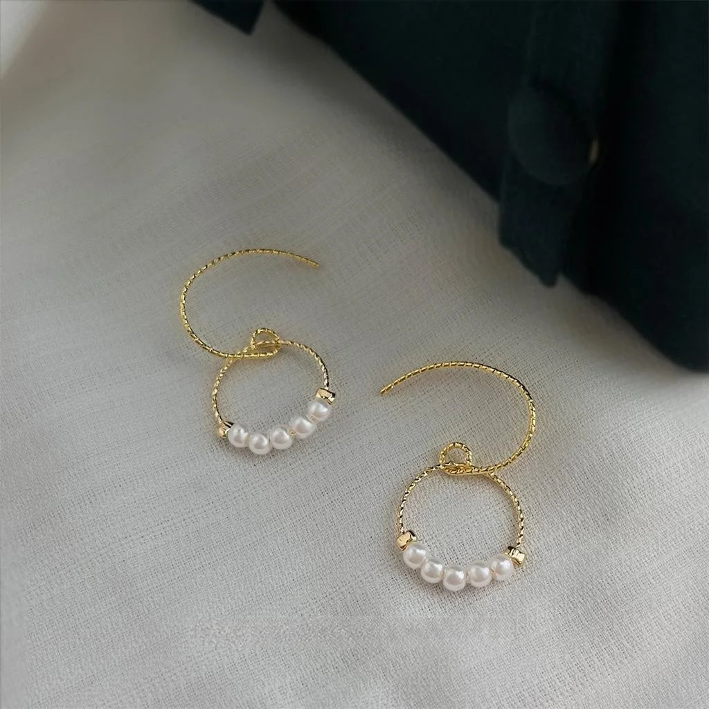 Minimalist Copper Round Geometric Hollow Pearl Drop Earrings, Handmade Elegant Jewelry