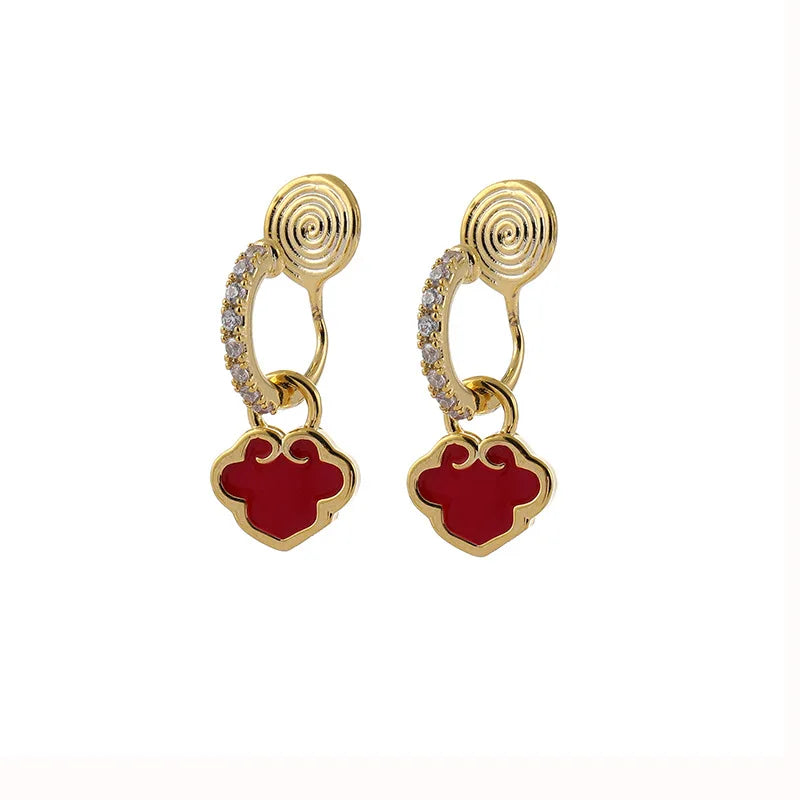 Elegant Red Enamel Cloud Lock Rhinestone Hoop Stud & Clip On No Piercing Chinese Style Earrings