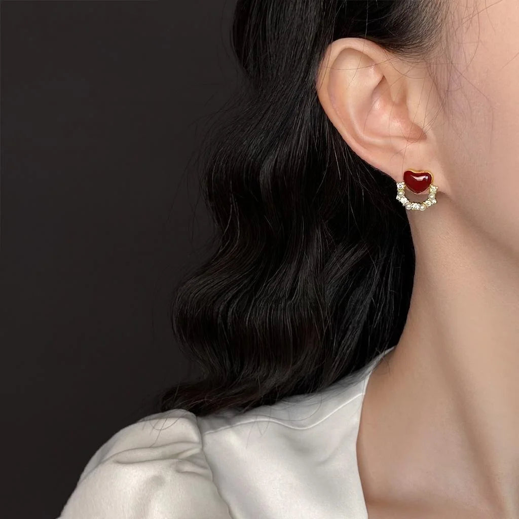 Burgundy Heart Stud Earrings Micro Pave Zircon Enamel Gold Plated Copper Vintage Style