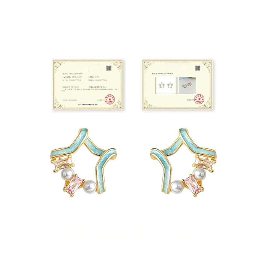 Sweet Girl Style Copper Zirconia Pearl Painted Star Stud Earrings