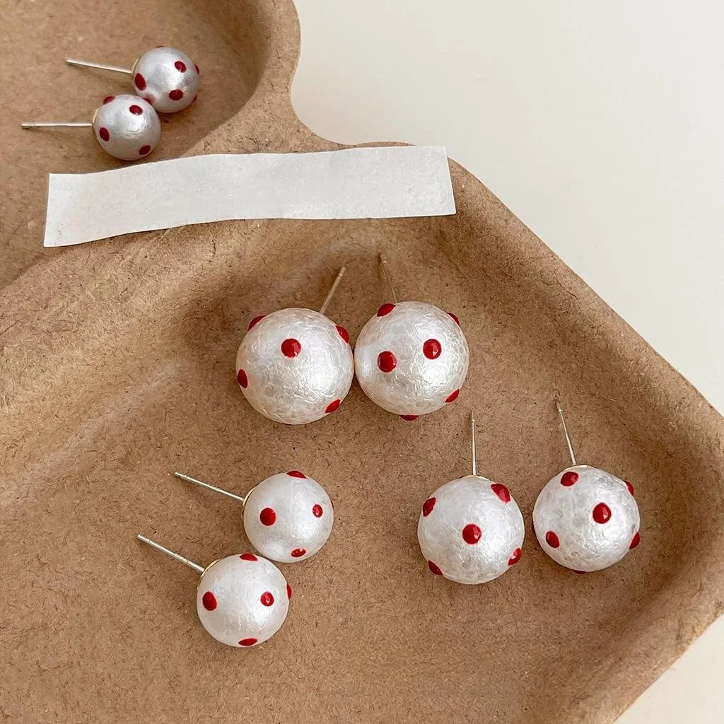 Minimalist French Polka Dot Cotton Pearl Stud Earrings Copper Round Geometric Jewelry