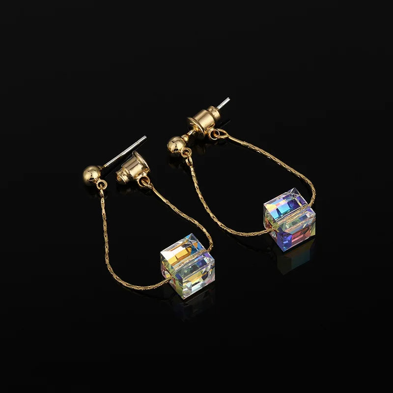 Elegant Aurora Cube Crystal Chain Tassel Loop Stud & Clip On No Piercing Gold Alloy Dangle Earrings