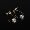 Elegant Aurora Cube Crystal Chain Tassel Loop Stud & Clip On No Piercing Gold Alloy Dangle Earrings