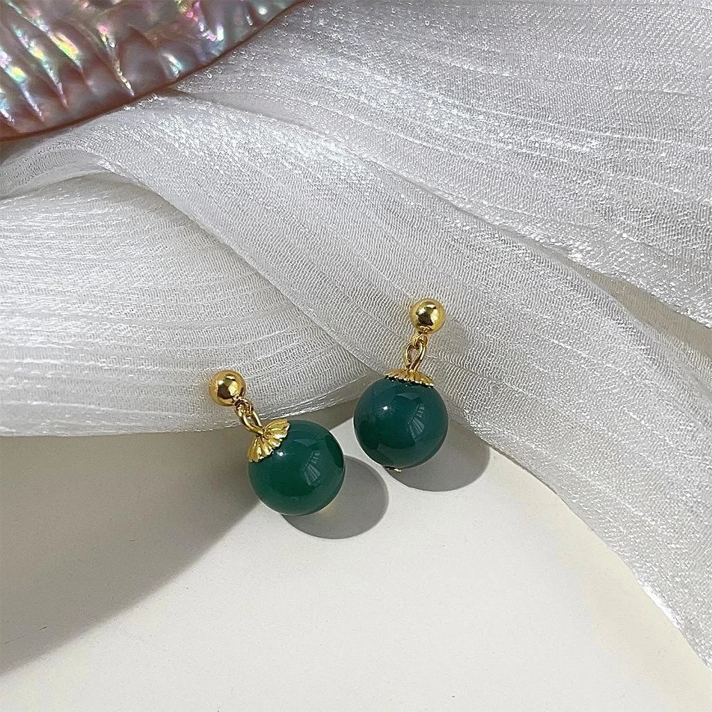Neo Chinese Palace Style Green Agate Geometric Round Handmade Drop Earrings