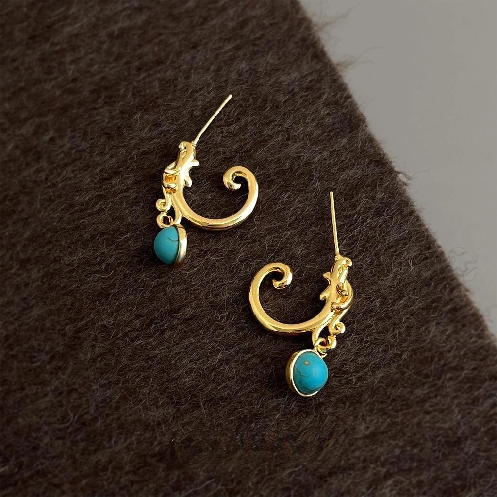 Dragon Pattern Synthetic Turquoise Copper Drop Earrings Old Money Geometric Round Jewelry
