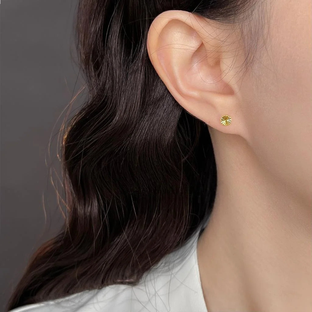 18K Real Gold Plated Copper Round Stud Earrings Mini Faceted Light Luxury