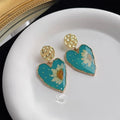 Oil Painting Style Dried Daisy Heart Drop Earrings Handmade Resin Copper French Vintage Vacation Jewelry