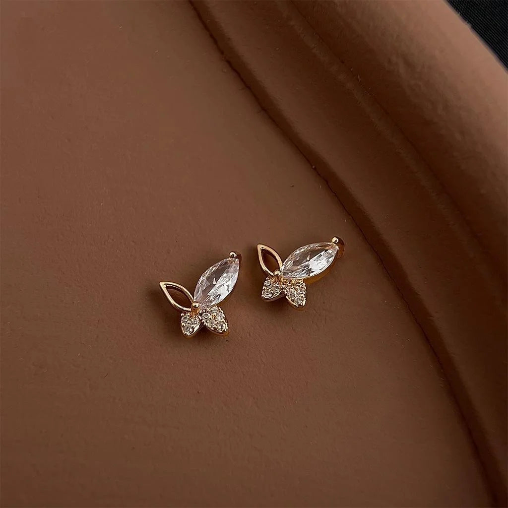 Elegant Butterfly Zircon Stud Earrings Eco-Friendly Copper Silver Plated Commuter Jewelry