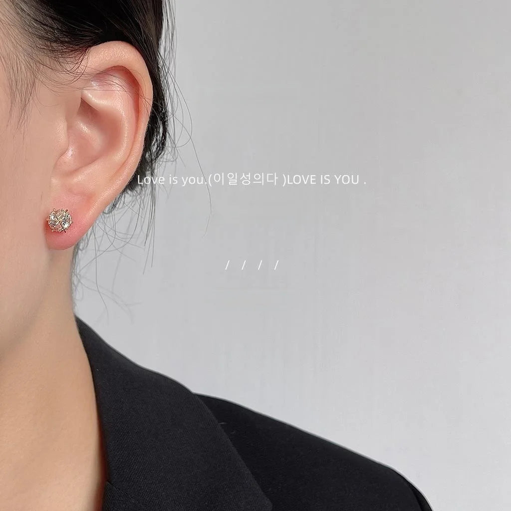 14K Plated Copper Geometric Square Zircon Stud Earrings Shiny Minimalist Luxury Ear Jewelry