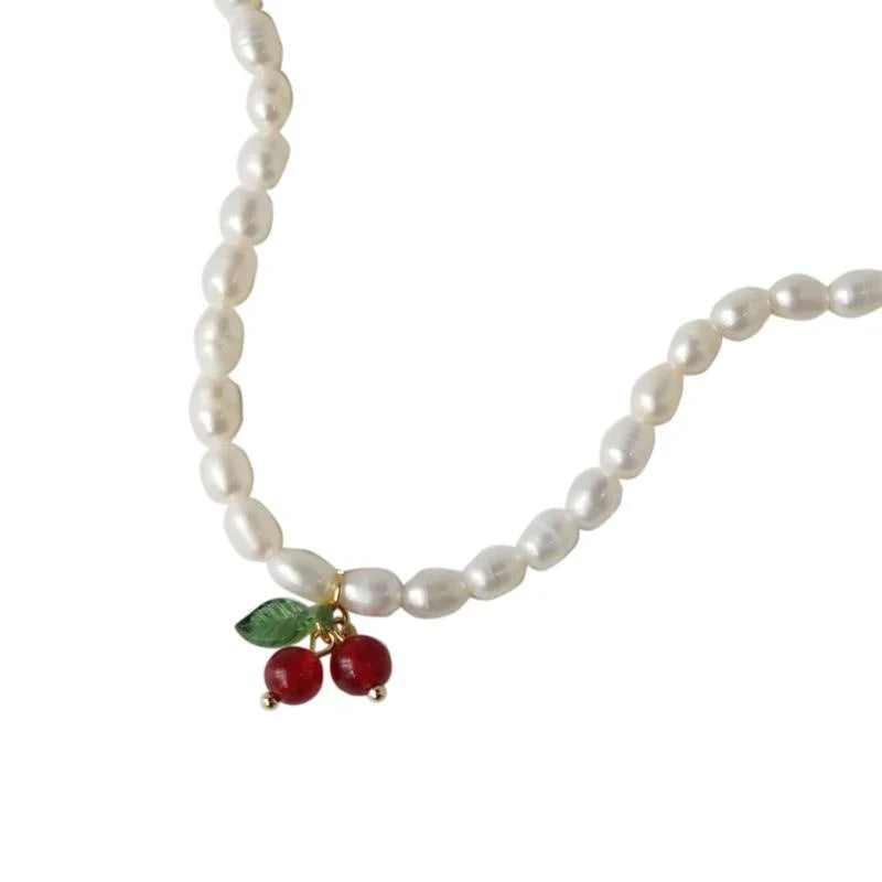 French Vintage Freshwater Pearl Cherry Copper Choker Necklace For Women
