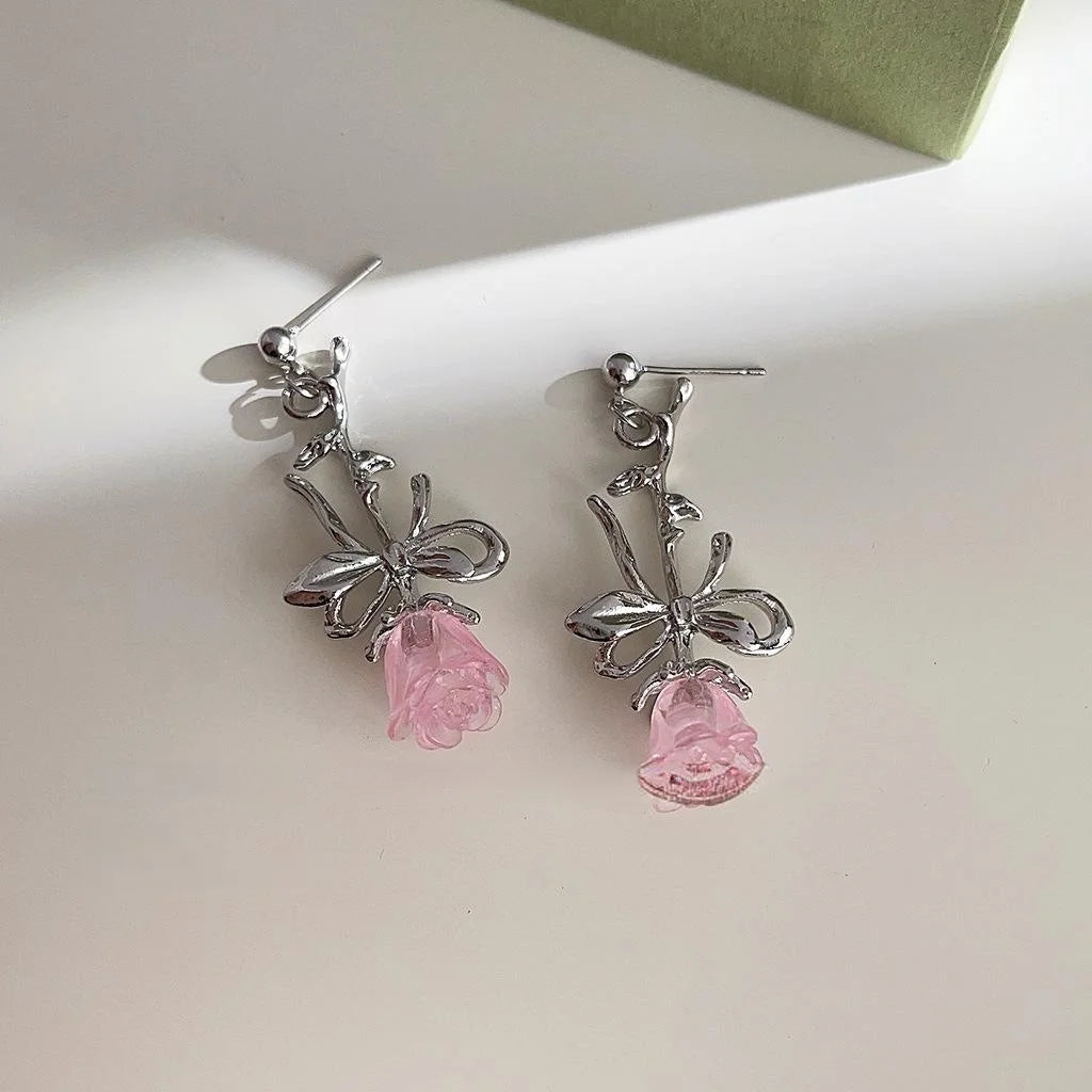 Sweet Cool Liquid Rose Copper Drop Earrings Minimalist Floral Fashion Jewelry