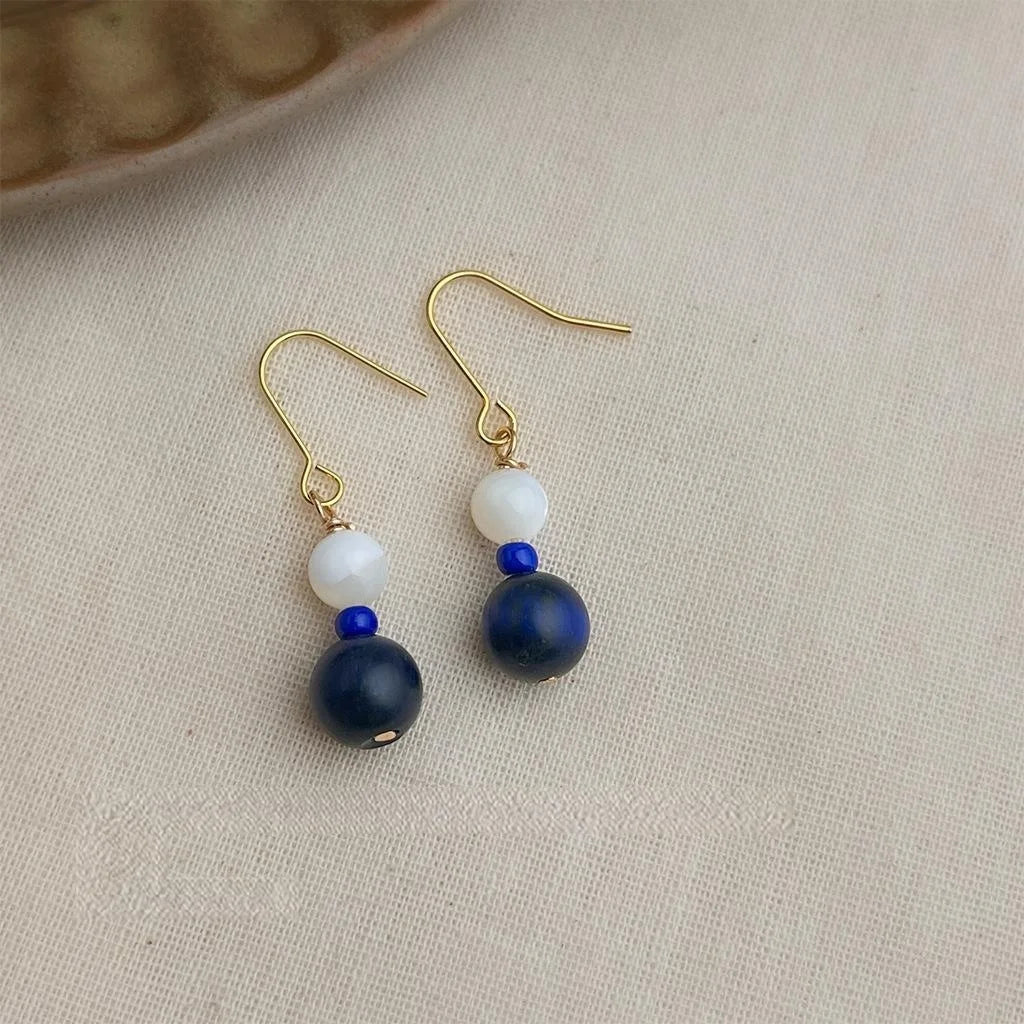 Natural Stone Geometric Round Drop Earrings Handmade Chinese Style Vintage Ethnic Jewelry
