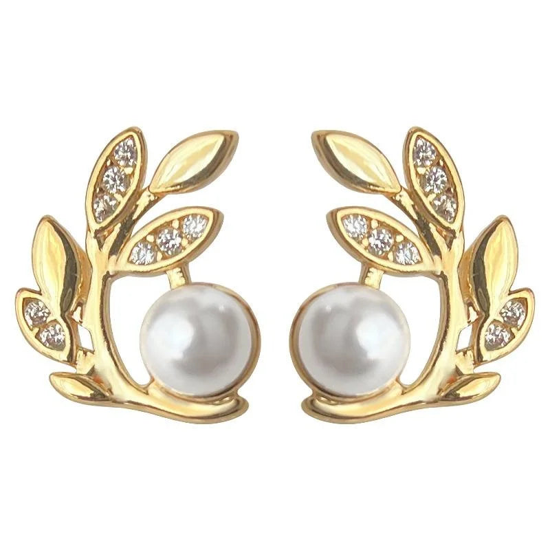 14K Gold Plated Copper Zircon Pearl Wheat Leaf Stud Earrings Simple Geometric Jewelry