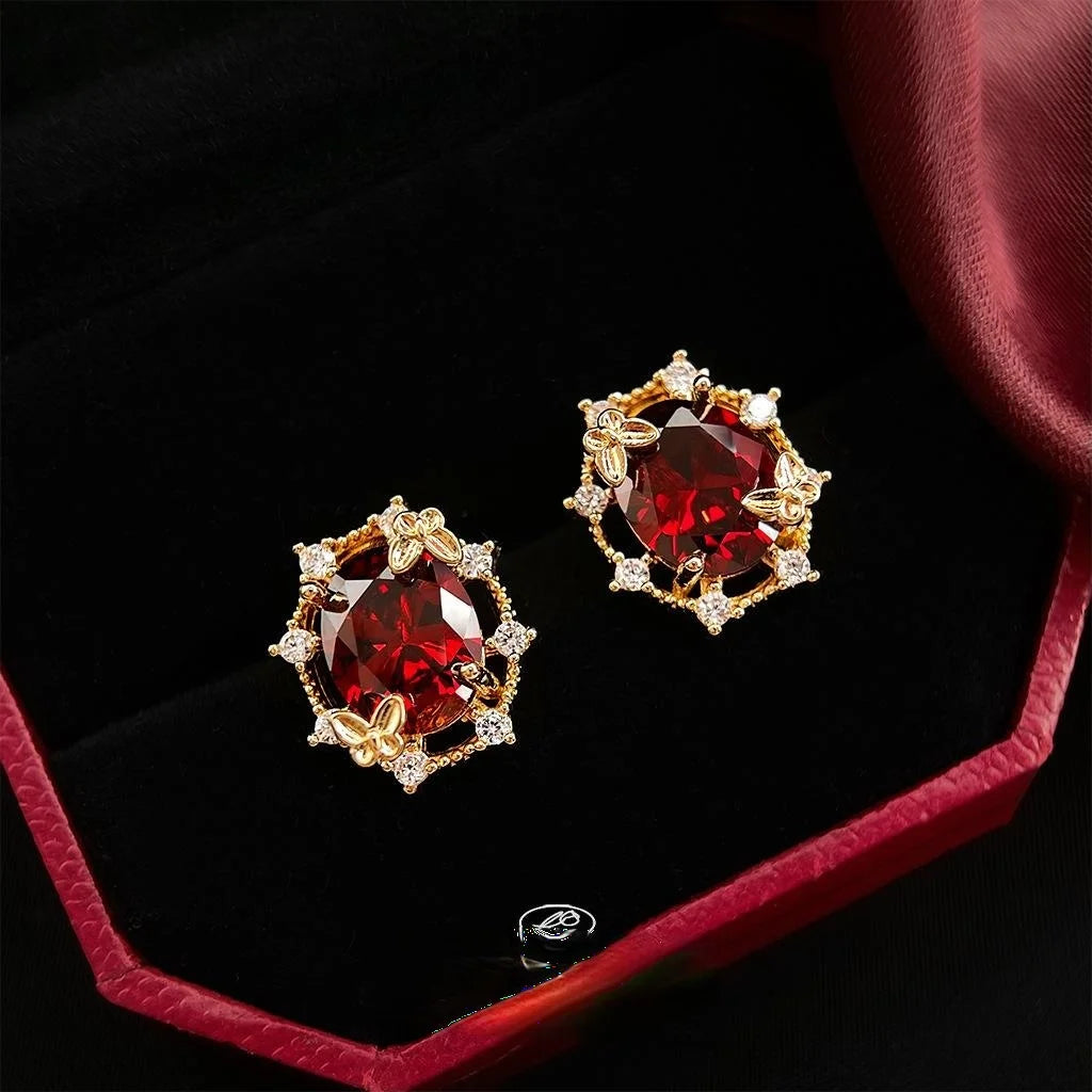 Vintage Burgundy Zircon 14K Plated Copper Oval 3D Butterfly Stud Earrings