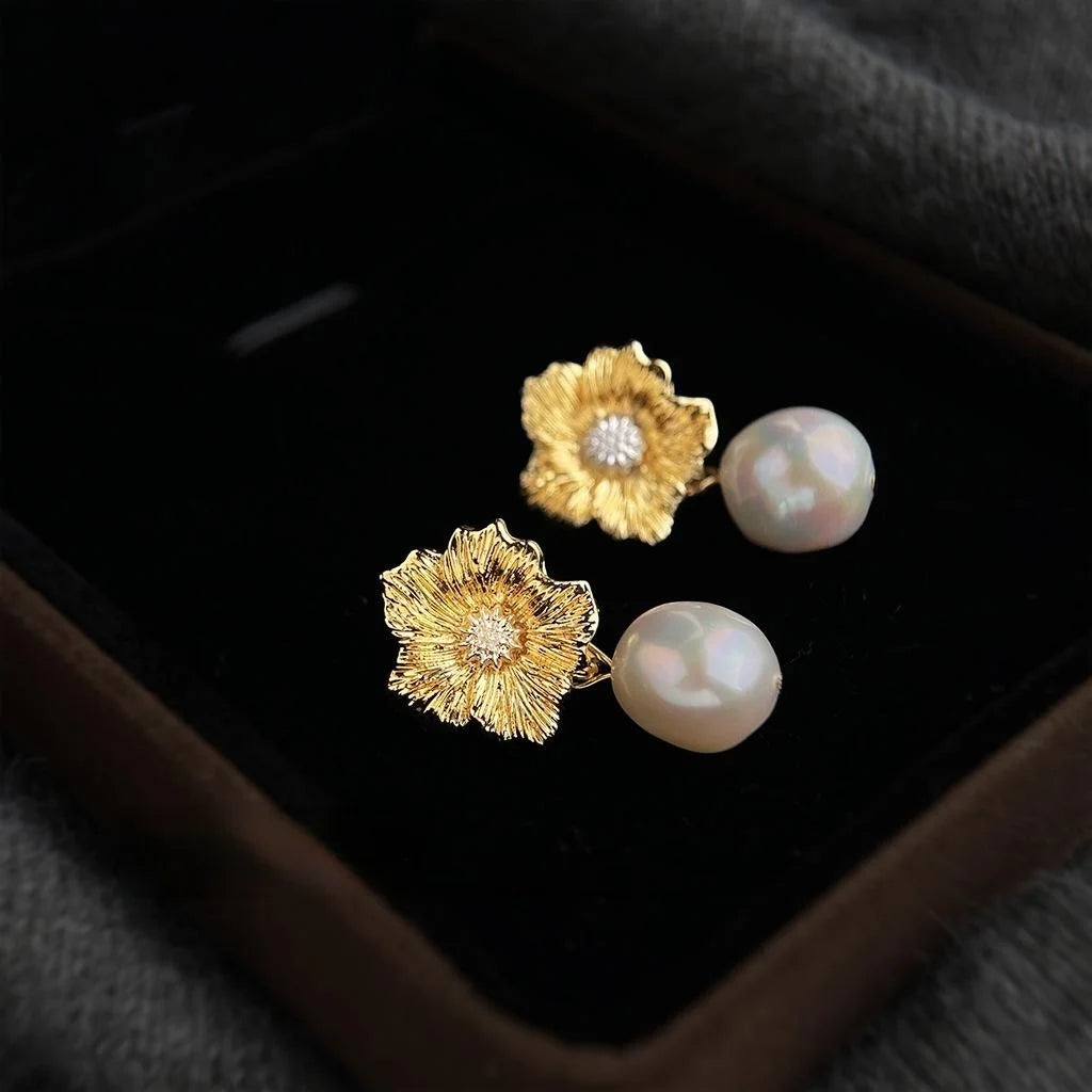 Baroque Freshwater Pearl Flower Stud Earrings Handmade Vintage Copper Jewelry For Women