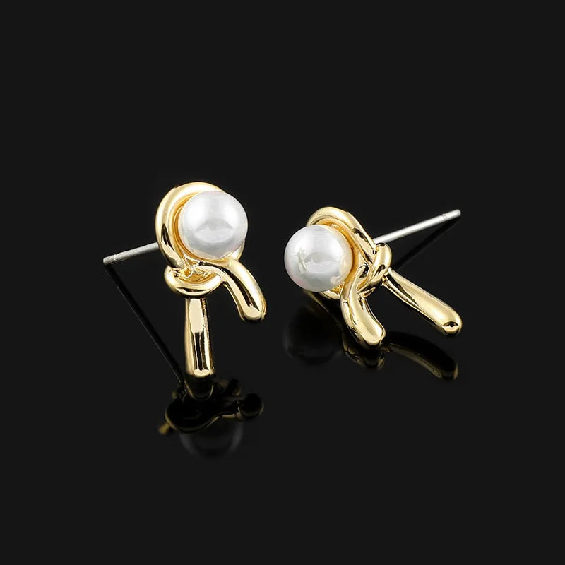 Elegant Luxury Gold Alloy Knotted Pearl Spiral Stud & Clip On No Piercing Statement Earrings