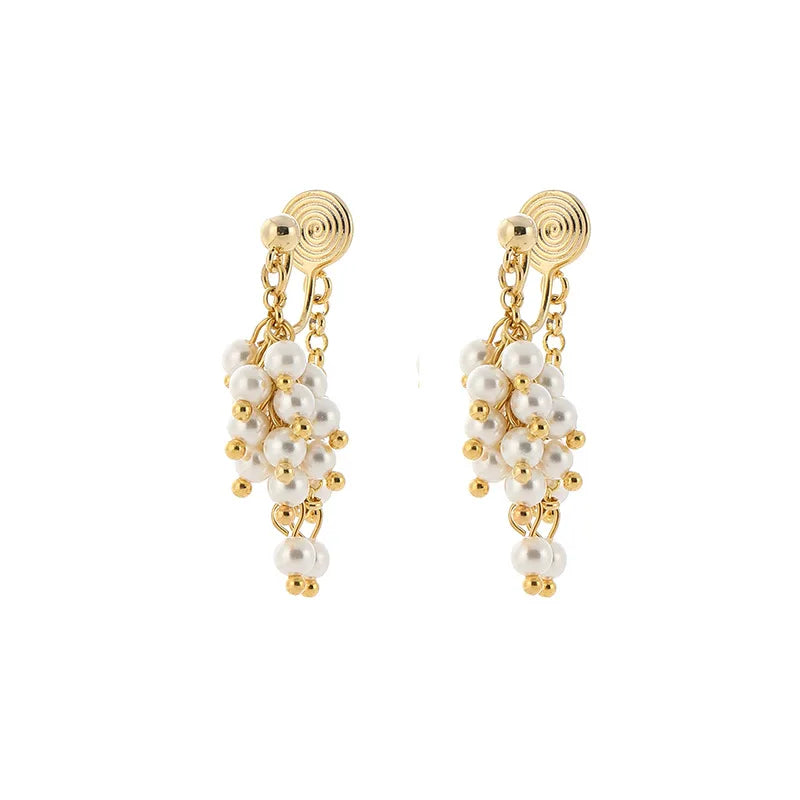 Elegant Handmade Faux Pearl Grape Cluster Tassel Gold Alloy Chain Stud & Clip On No Piercing Earrings