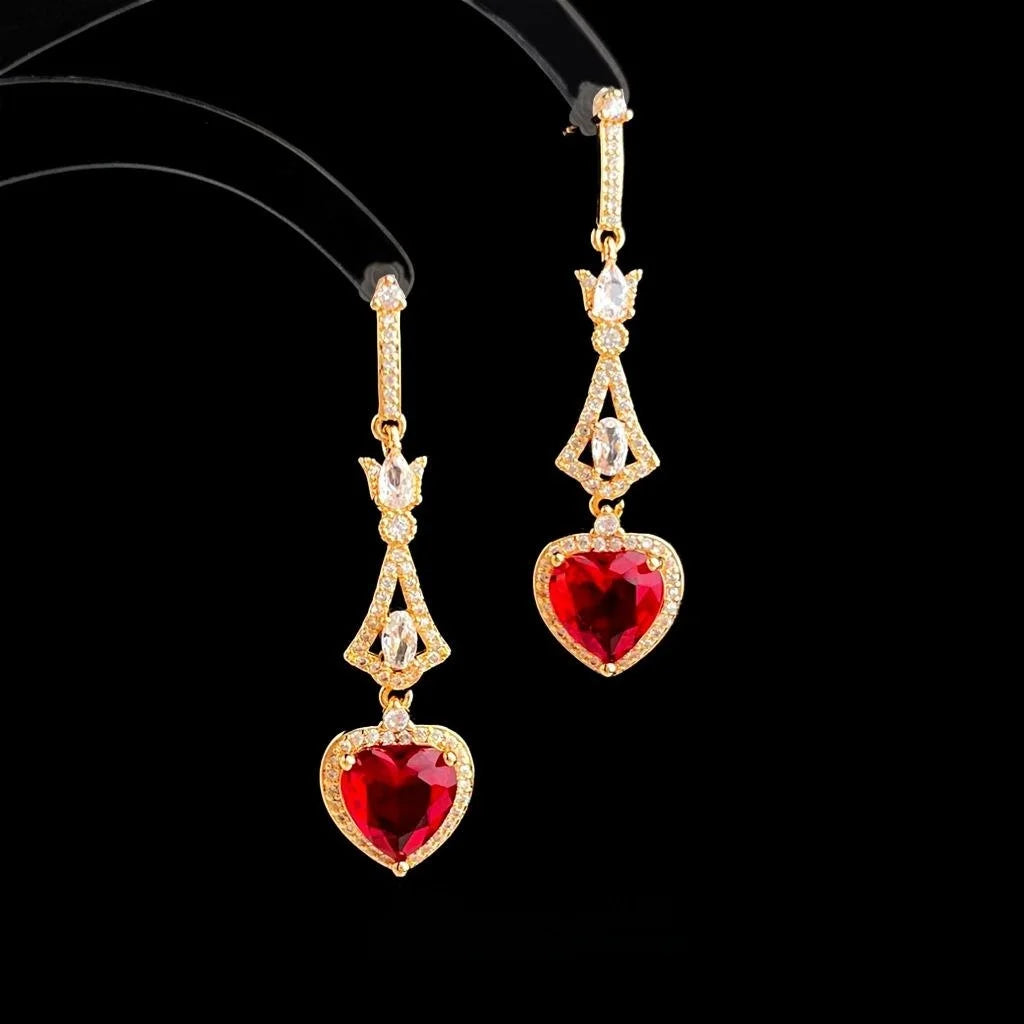 French Vintage Copper Zircon Burgundy Heart Tassel Drop Earrings For Women
