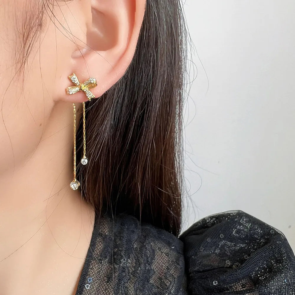 Elegant Zircon Bow Tassel Chain Stud & Clip On No Piercing Luxury Gold Alloy Drop Earrings