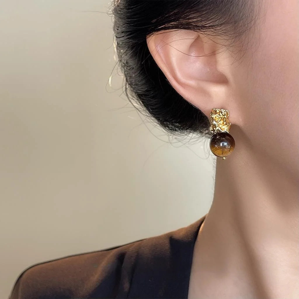 Vintage Maillard Tiger Eye Natural Stone Geometric Round Drop Earrings With Fluid Irregular Design