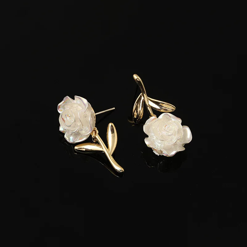 Elegant Asymmetric Mother Of Pearl Rose Flower Gold Alloy Leaf Stud & Clip On No Piercing Earrings