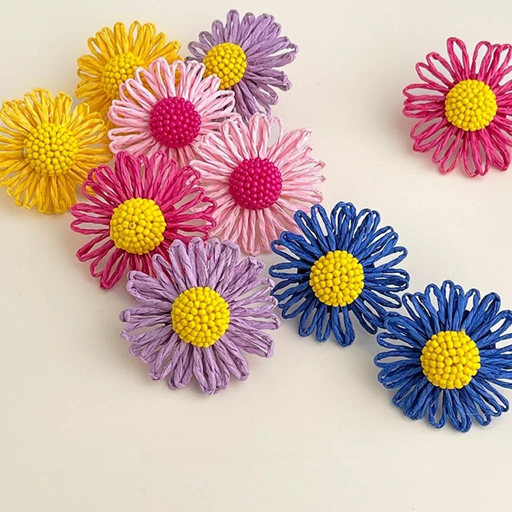 Sweet Colorful Handmade Woven Paper Flower Daisy Seed Bead Drop Earrings for Women