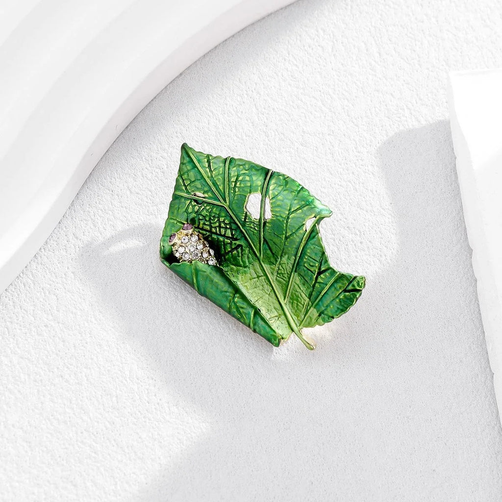 Elegant Green Enamel Leaf Brooch With Rhinestone Insect, Alloy Lapel Pin Corsage Suit Accessory Gift