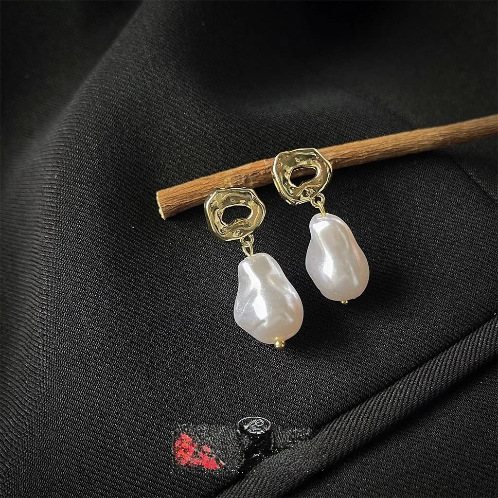 French Vintage 14K Gold Plated Copper Baroque Irregular Pearl Stud Earrings