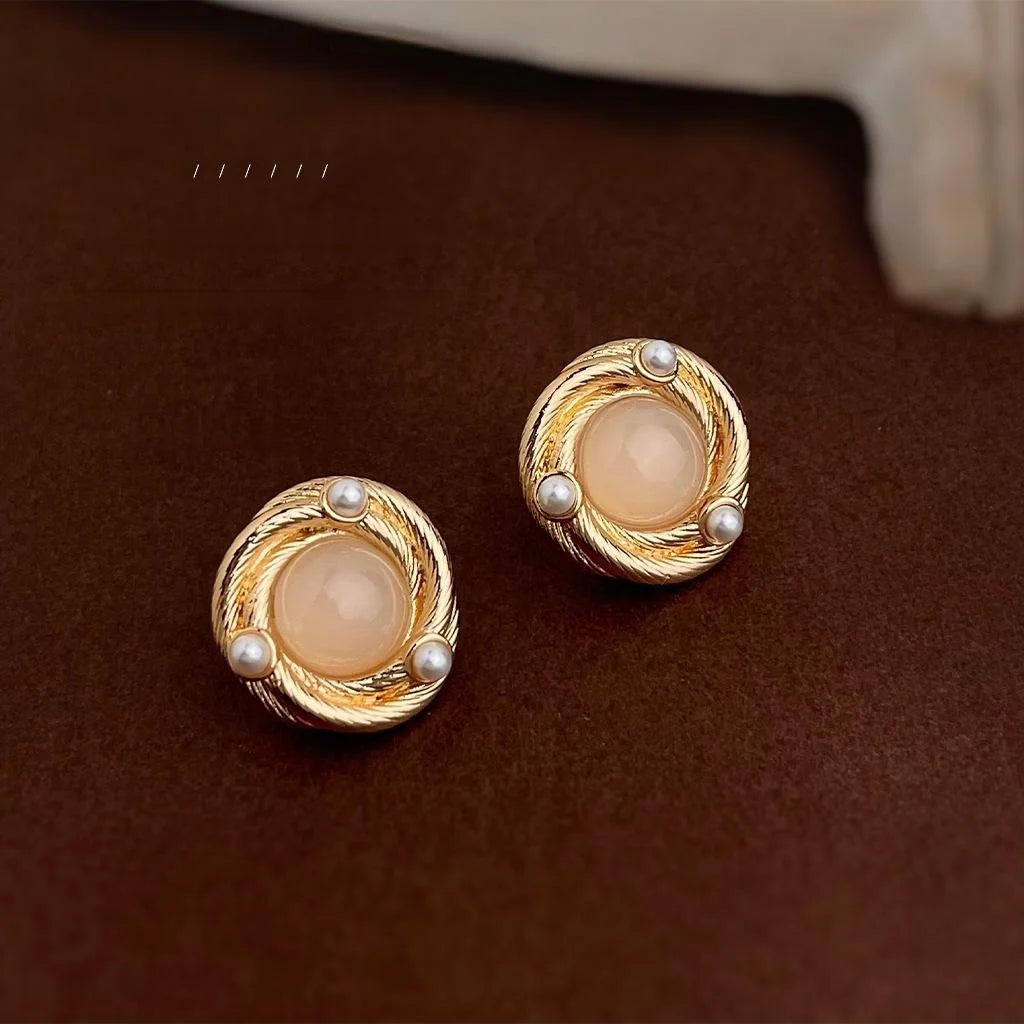 French Vintage 14K Plated Copper Geometric Round Line Stud Earrings