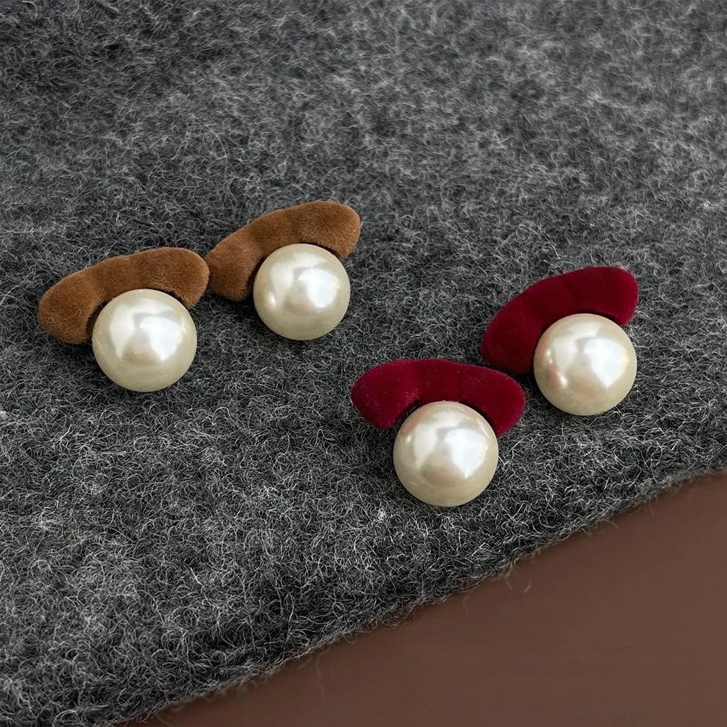 Vintage Hong Kong Style Burgundy Flocked Bow Pearl Stud Earrings