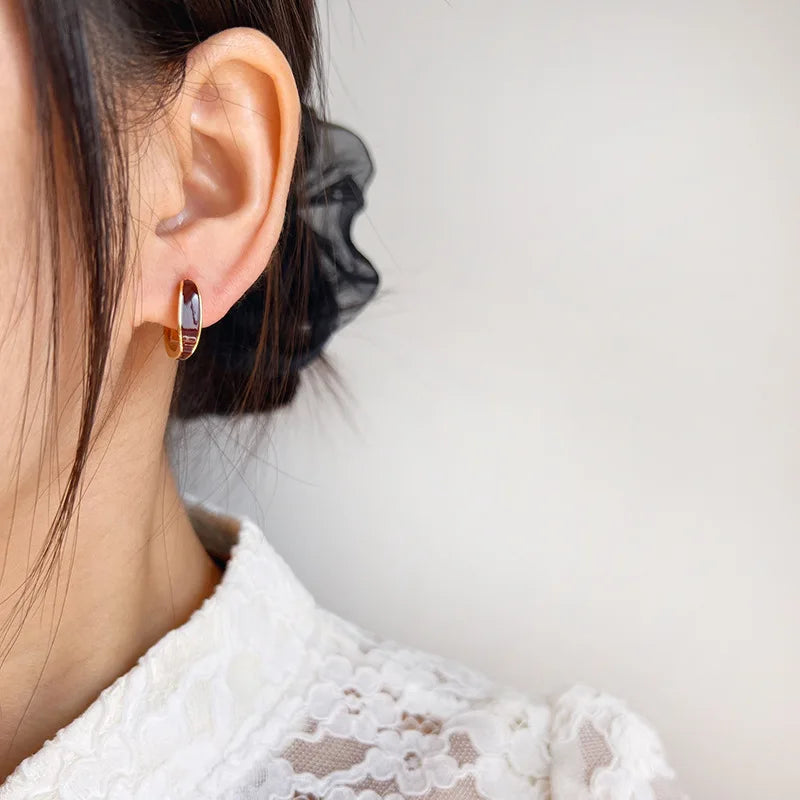 Vintage Red Enamel Square Hoop Alloy Stud & Clip On No Piercing Commuter Statement Earrings