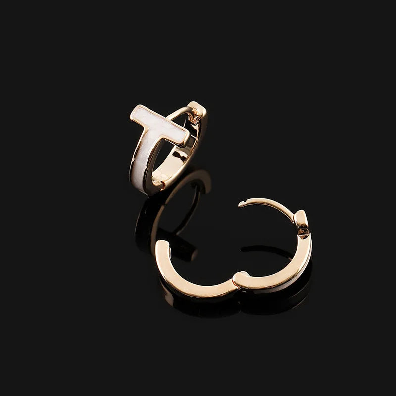 Elegant Enamel Letter T Hoop Spiral Disc Alloy Stud & Clip On No Piercing Commuter Circle Earrings
