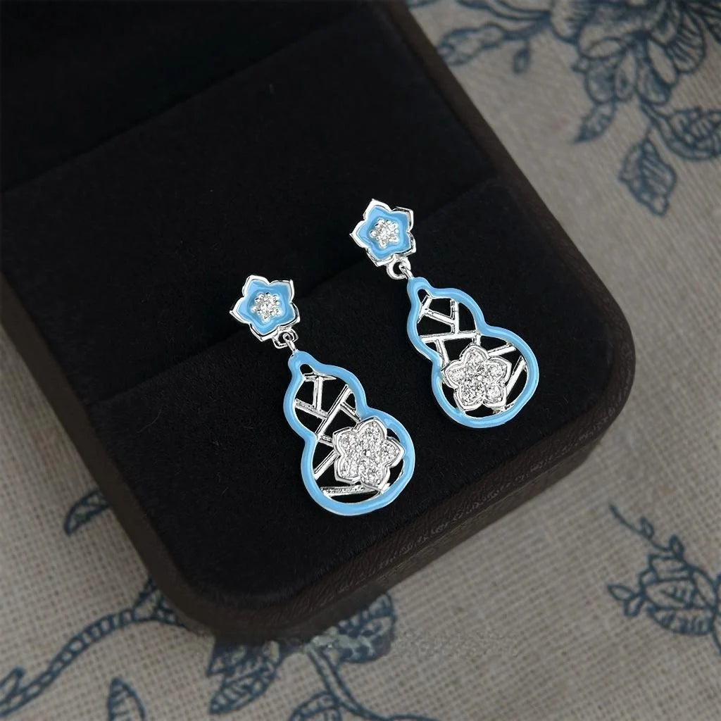 Original Designer Blue Enamel Gourd Flower Copper Zircon Drop Earrings Sweet Elegant Women's Jewelry