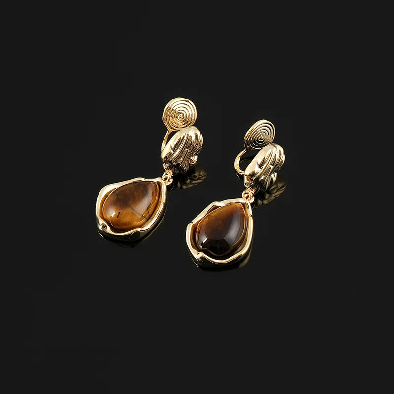 Vintage Gold Tone Alloy Tiger Eye Teardrop Dangle Stud & Clip On No Piercing Women's Earrings