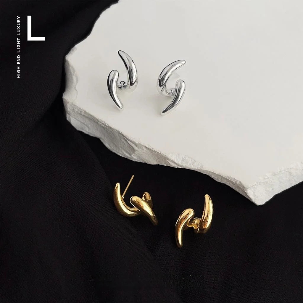 Designer Minimalist Geometric Line Stud Earrings, 14K Plated Copper