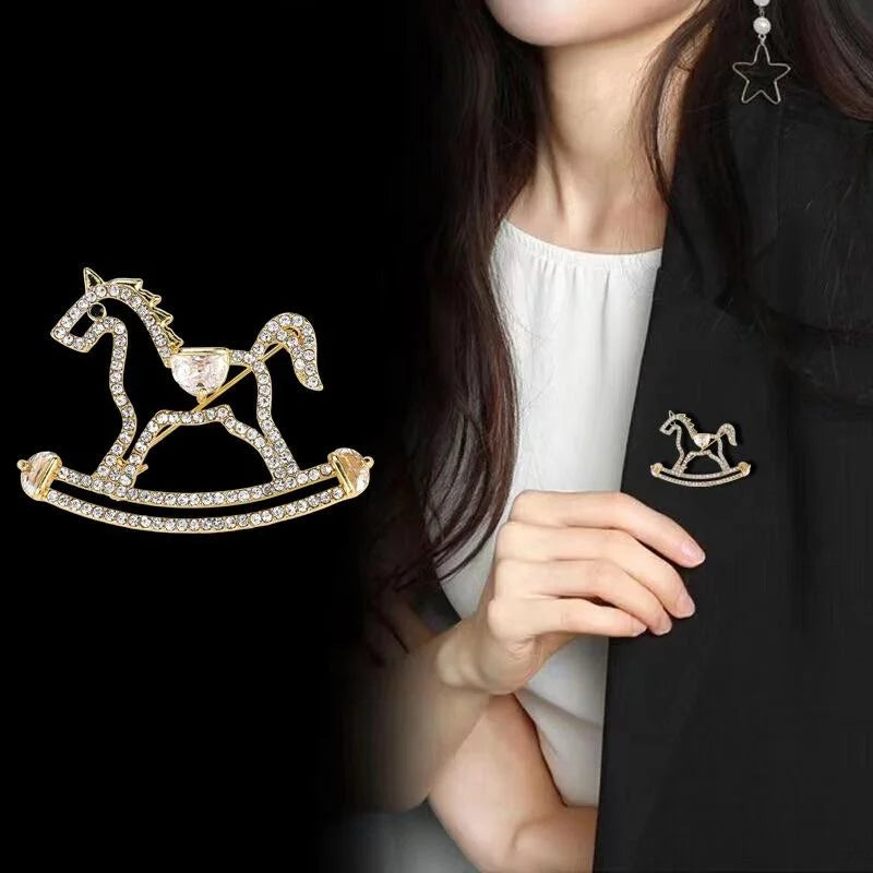 Cute Rhinestone Rocking Horse Brooch Elegant Silver Alloy Lapel Pin Corsage Suit Accessory Gift
