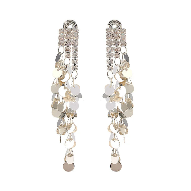 Elegant Luxury Silver Alloy Rhinestone Sequin Long Tassel Stud & Clip On No Piercing Dangle Earrings