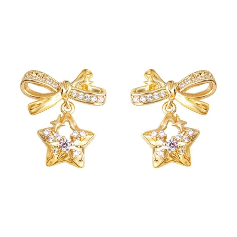 Style Meteor Bow Star Drop Earrings Copper Zircon Micro Pave Sweet Jewelry