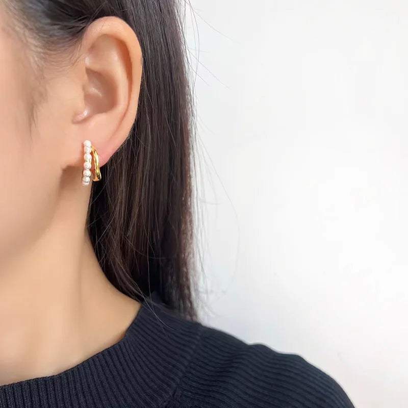 Elegant Geometric Pearl Hoop Ear Cuffs In Gold Alloy, Stud & Clip On No Piercing Everyday Earrings