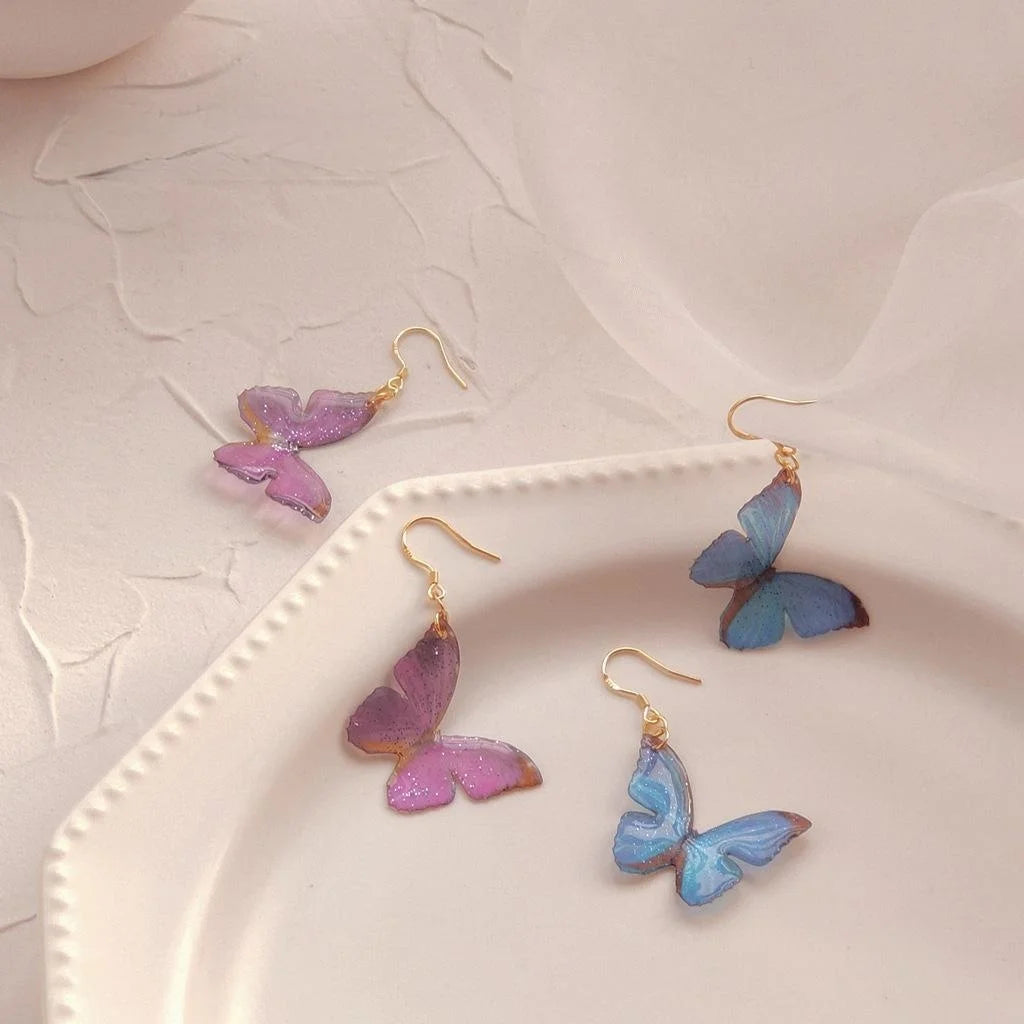 Fresh Sweet Forest Style Resin Butterfly Drop Earrings With Silver Plated Pins