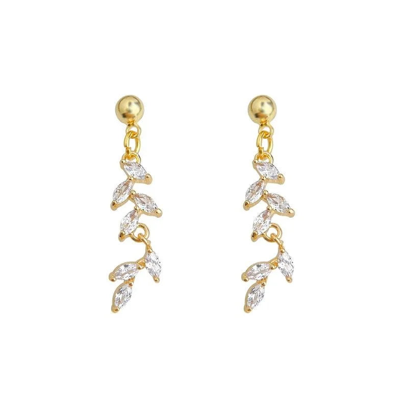 Sparkly Long Wheat Leaf Zircon Copper Drop Earrings, Light Luxury Minimalist Jewelry