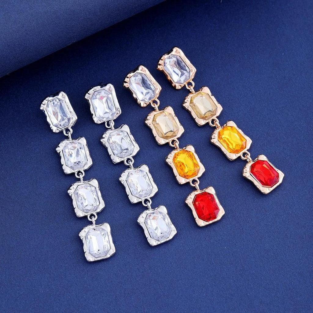 Elegant Four-Tier Rectangular Crystal Drop Earrings, Gold Alloy Rhinestone Dangle Jewelry For Wedding Party Gift