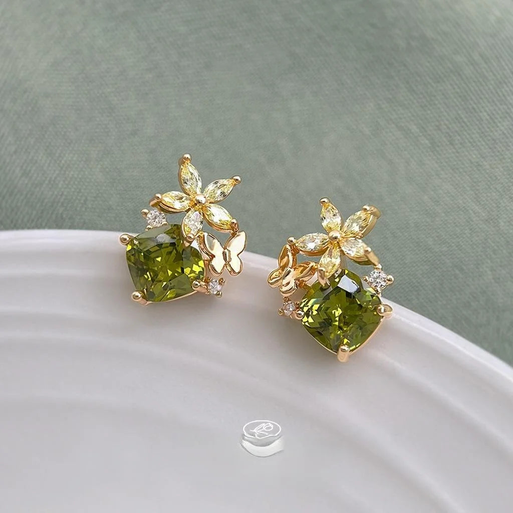 Sweet Olive Green Zircon Flower Butterfly 14K Plated Copper Stud Earrings