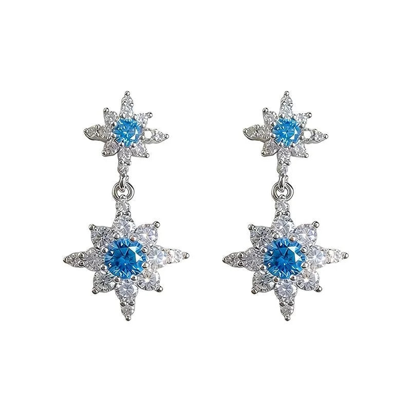 Aquamarine Blue Copper Micro Pave Zircon Eight Point Star Drop Earrings
