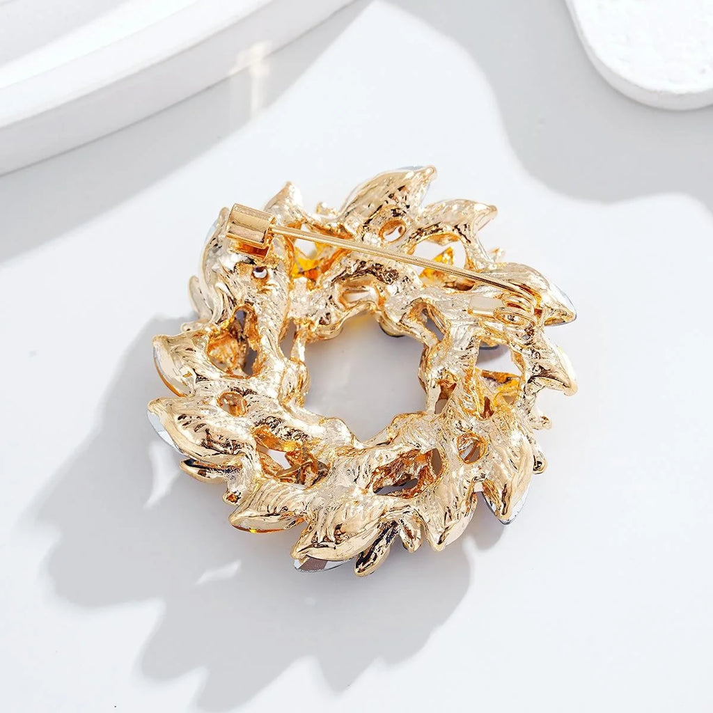 Elegant Blue Amber Rhinestone Leaf Wheat Wreath Brooch, Gold Tone Alloy Lapel Pin Corsage Suit Accessory