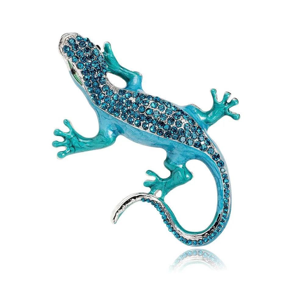 Luxury Enamel Gecko Lizard Brooch With Champagne Rhinestones, Elegant Lapel Pin Corsage Suit Accessory