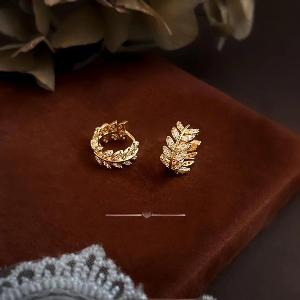 14K Gold Plated Copper Leaf Drop Earrings Micro Pave Zircon Luxury Style