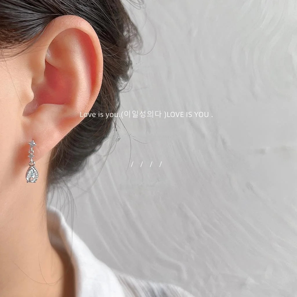 Light Blue Teardrop Zircon Micro Pave Copper Stud Earrings Silver Plated Fashion Jewelry