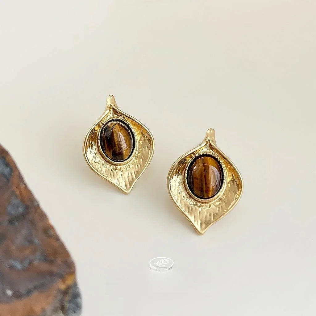 Maillard Style Tiger Eye Leaf Stud Earrings For Women Vintage Designer Fashion Jewelry