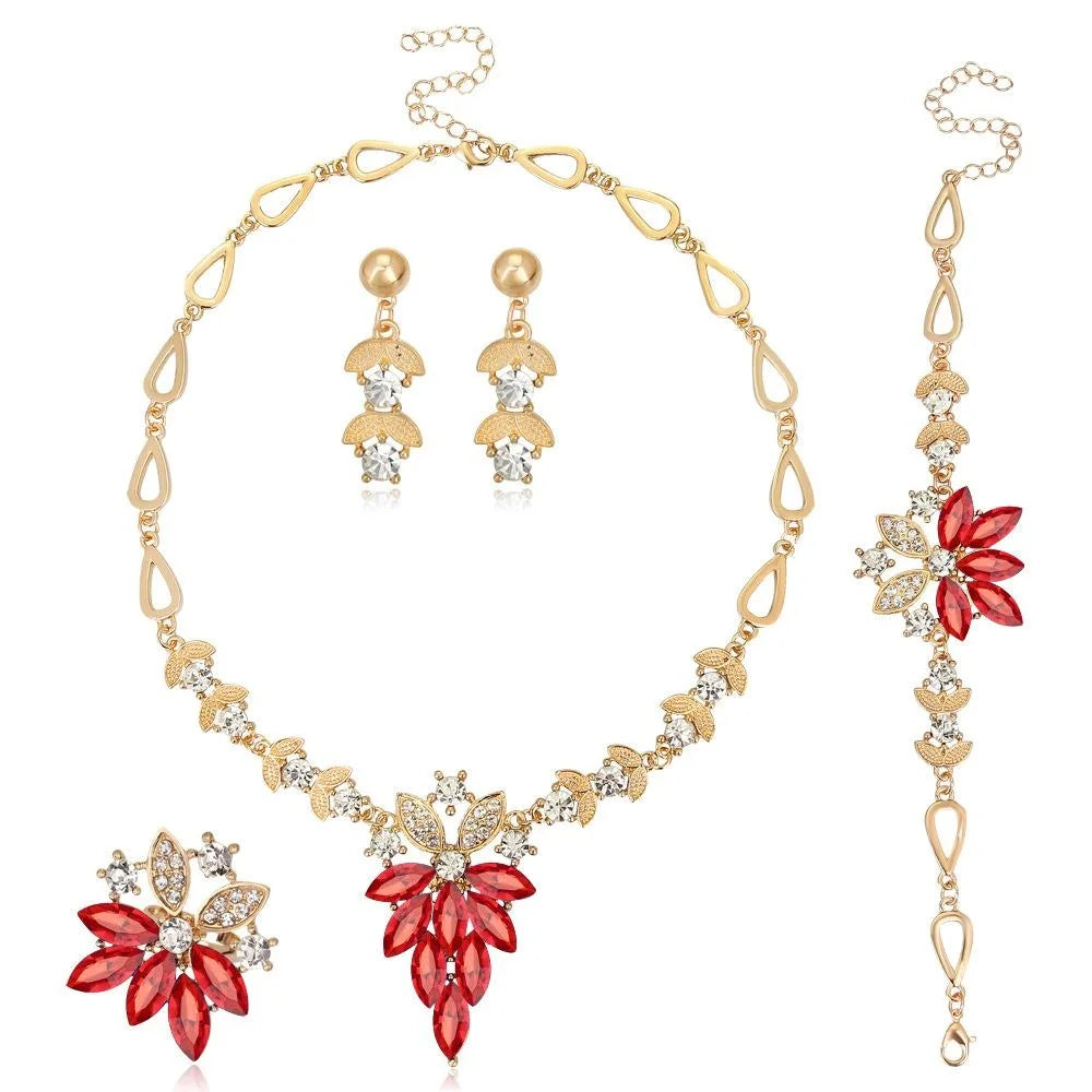 Luxury Red Crystal Rhinestone Leaf Flower Alloy Jewelry Set For Women Wedding Party Banquet Gift